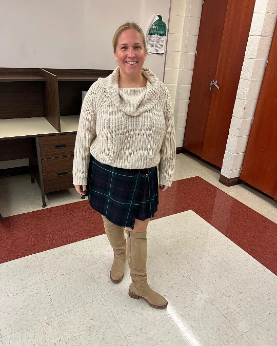 Cowl Neck Sweater and Plaid Skirt