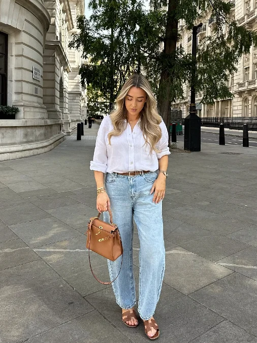 Linen Button Down and Wide Leg Jeans