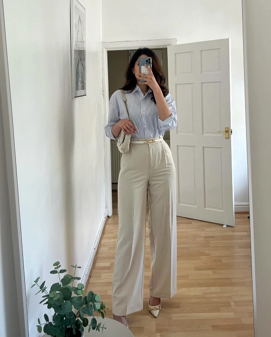 Striped Button Down and High Waisted Wide Leg Trousers