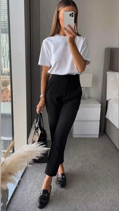 Classic White Tee and High Waisted Black Trousers