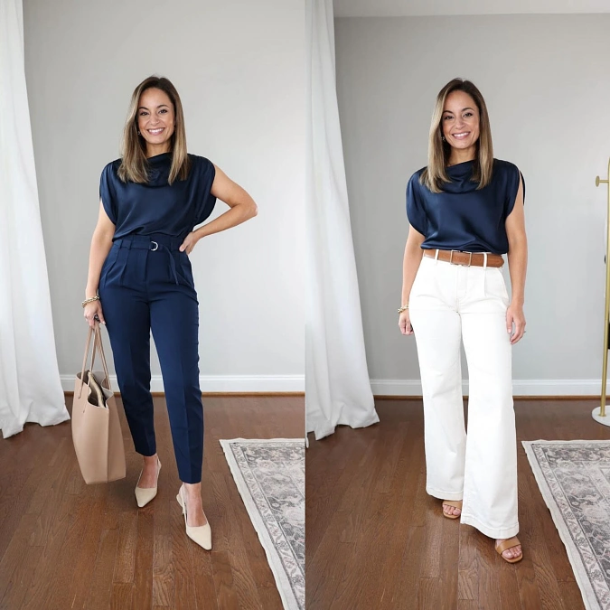 Cowl Neck Satin Blouse and Tailored Trousers