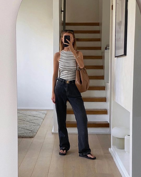 Striped High Neck Tank and Relaxed Denim