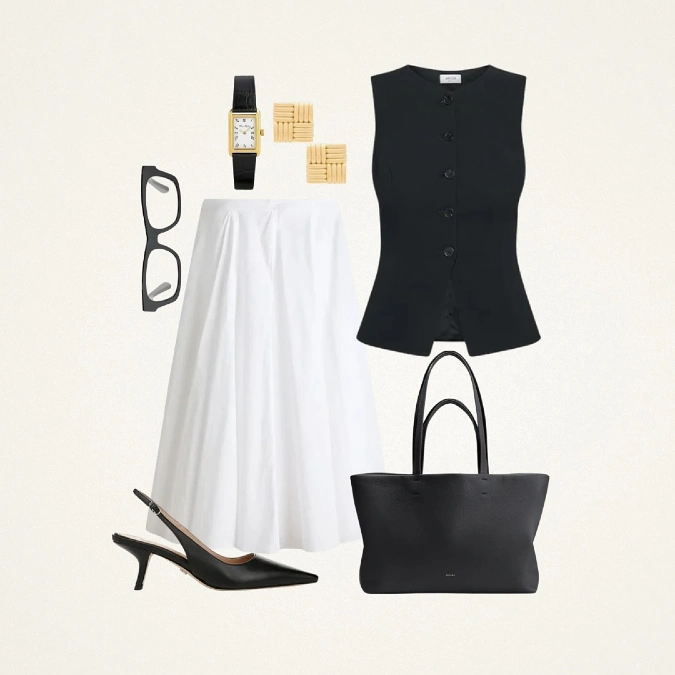 Monochrome Office Vest and Skirt Look