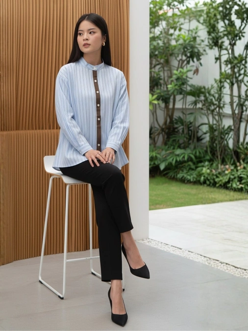 Light Blue Striped Office Blouse with Black Pants