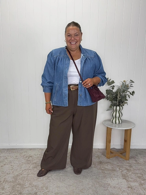 Denim Shirt and Brown Trousers