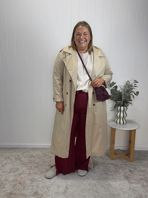 Burgundy Trousers and Cream Trench