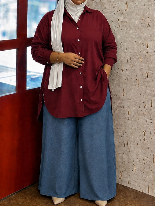 Burgundy Shirt and Blue Wide-Leg Trousers