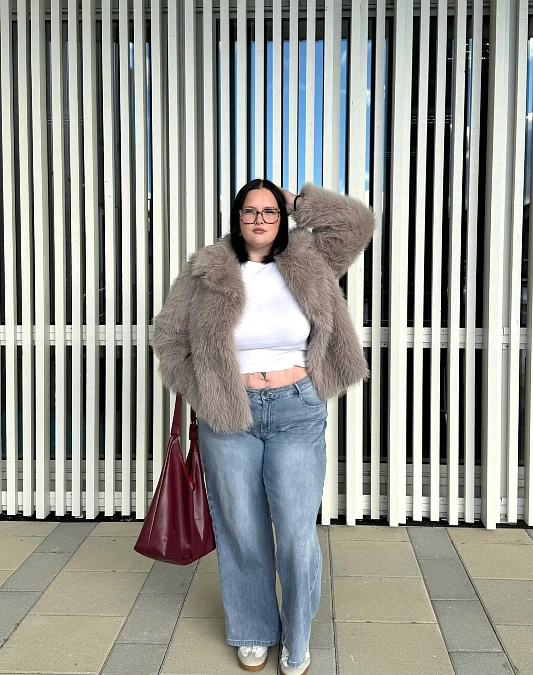 Faux-Fur Jacket and Wide-Leg Jeans