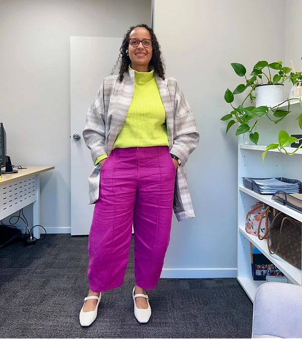 Lime Knit + Magenta Trousers + Plaid Blazer
