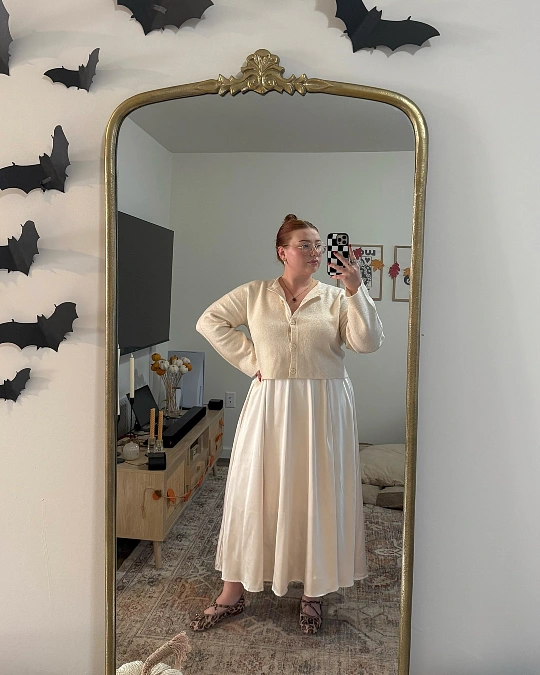 Cream Cardigan and Satin Midi Skirt