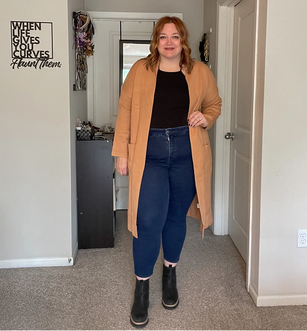 Camel Cardigan and Dark-Wash Denim