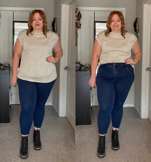 Textured Neutral Top and Dark Jeans