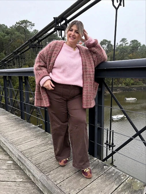Pink Knit + Brown Trousers + Plaid Cardigan