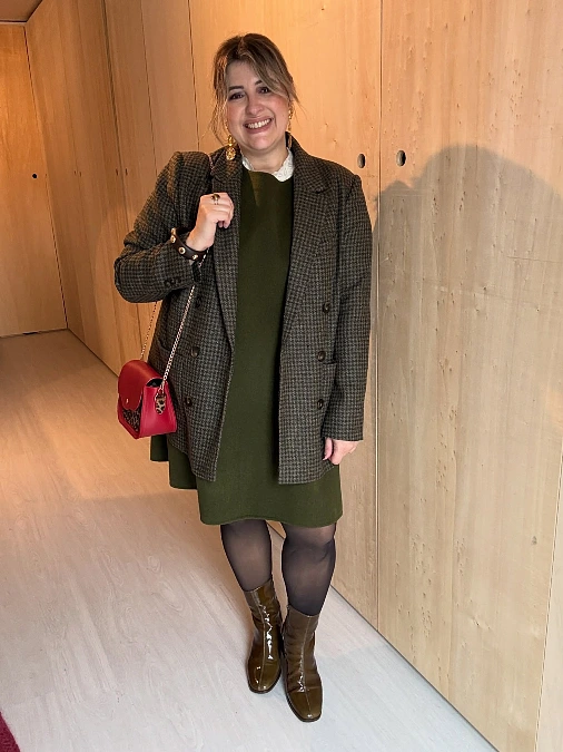 Olive Dress and Houndstooth Blazer