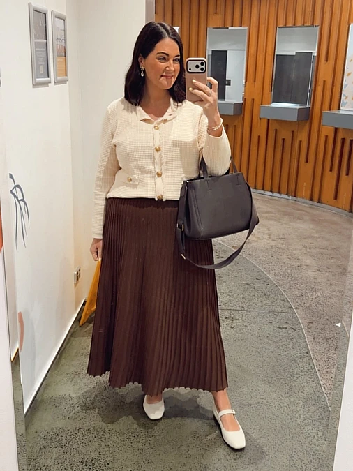 Cream Jacket and Pleated Midi Skirt