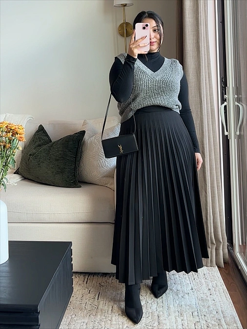 Black Pleats and Gray Knit Layers