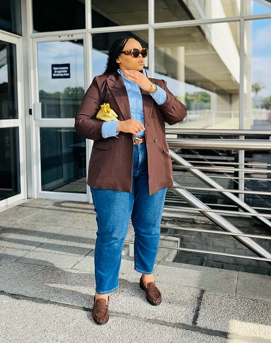 Chocolate Blazer + Blue Shirt + Jeans