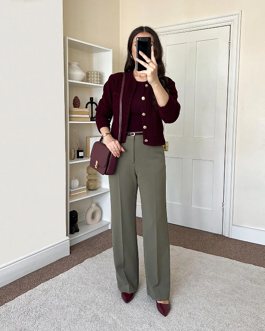 Burgundy Knit Jacket and Olive Trousers