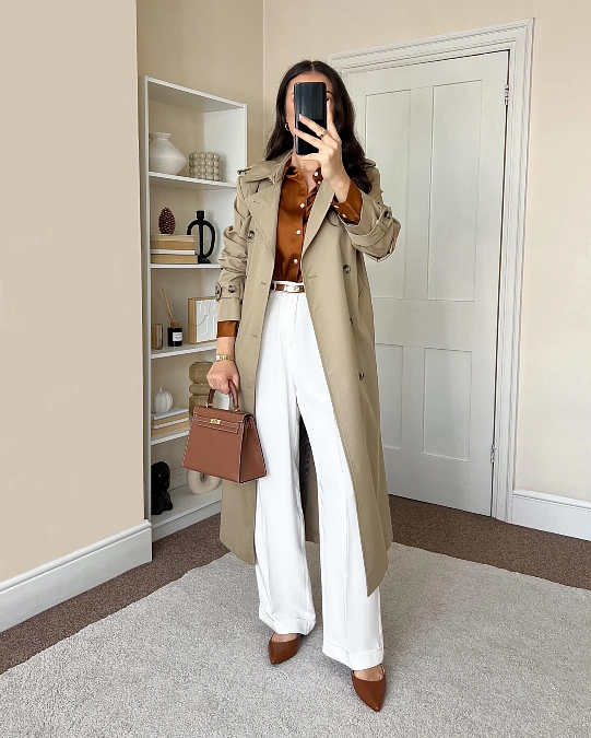 Camel Trench and White Trousers