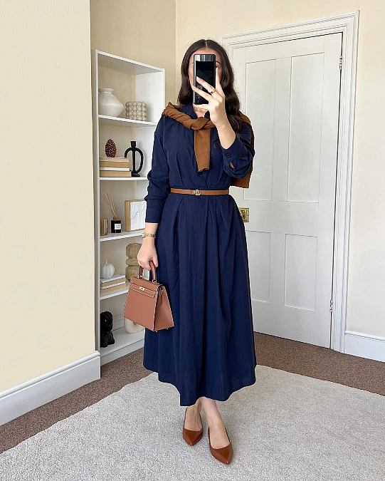 Navy Midi Dress with Cognac Accents