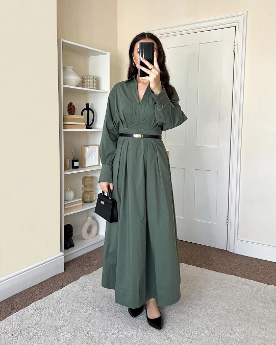 Olive Shirt Dress with Black Accents