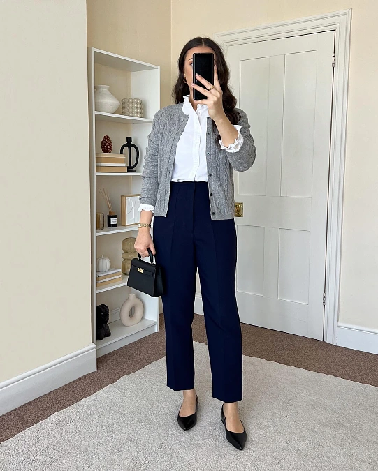 Gray Cardigan and Navy Trousers