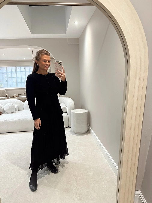 Black Cardigan + Pleated Midi Skirt