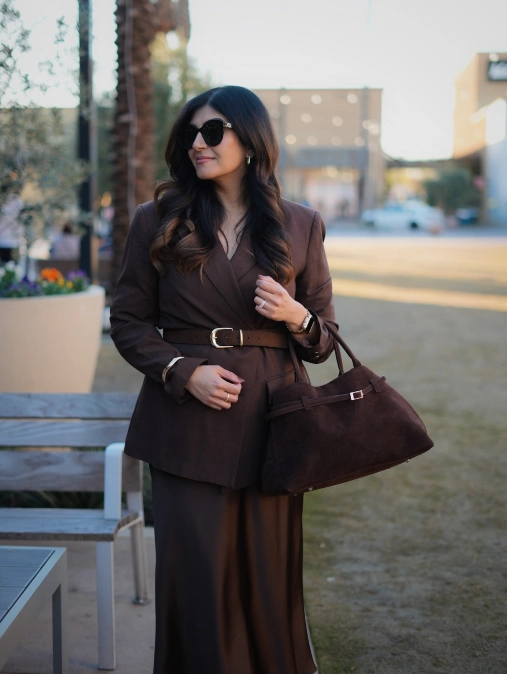 Chocolate Blazer and Fluid Midi Skirt
