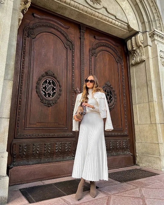 Ivory Pleats and a Textured Jacket