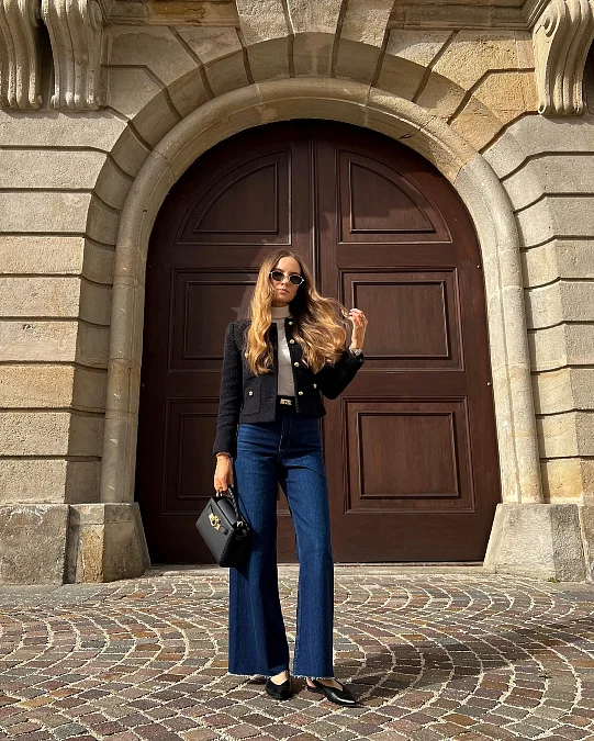 Black Tweed Jacket and Flared Jeans