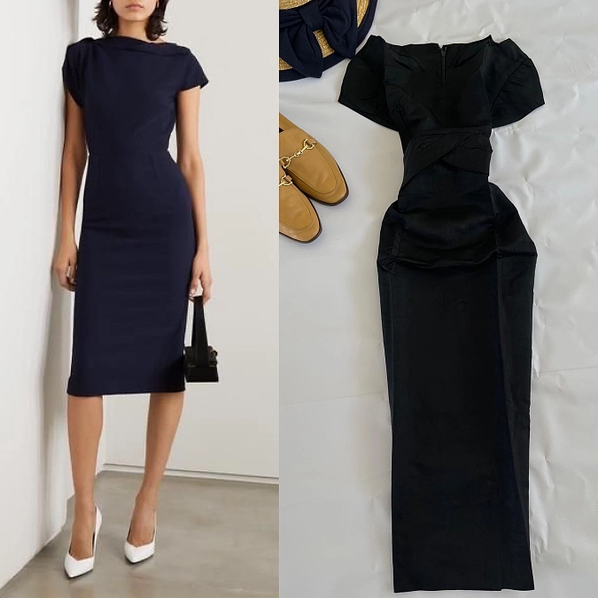Navy Cap-Sleeve Sheath Dress