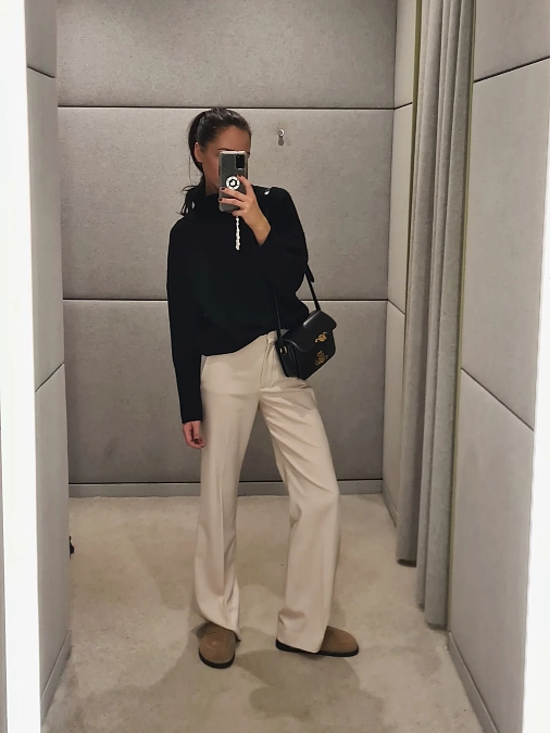 Black Turtleneck + Cream Wide-Leg Trousers