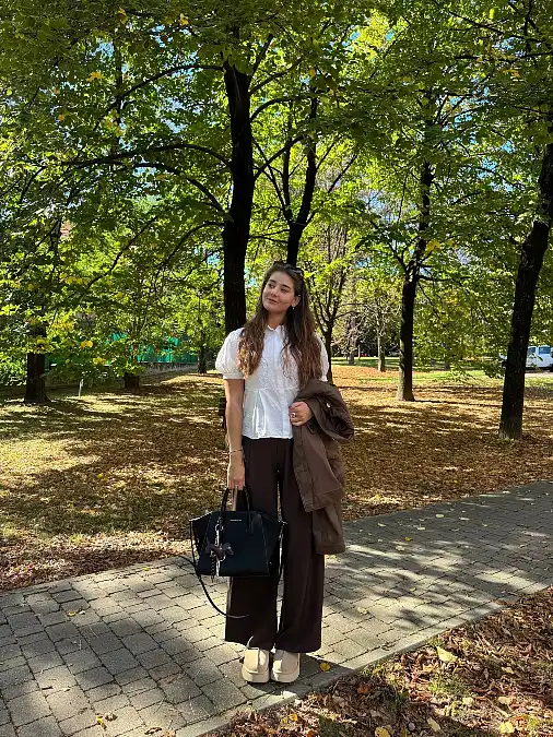 White Peplum Blouse + Chocolate Trousers