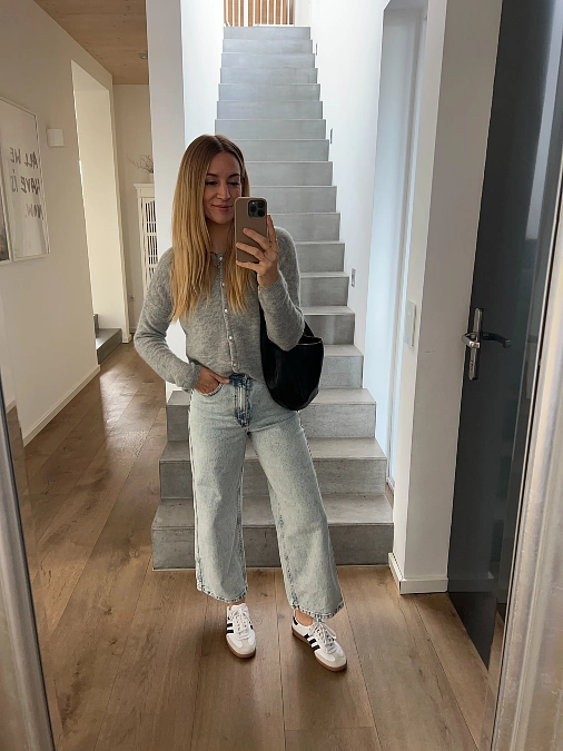 Gray Cardigan and Wide-Leg Jeans
