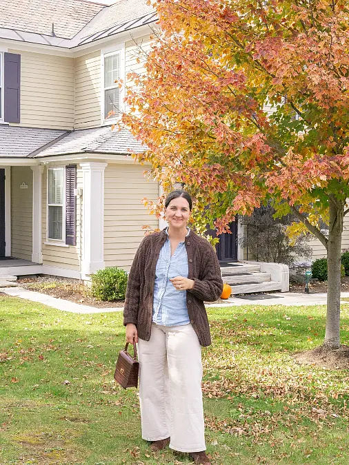 Cable-Knit Cardigan and Cream Trousers