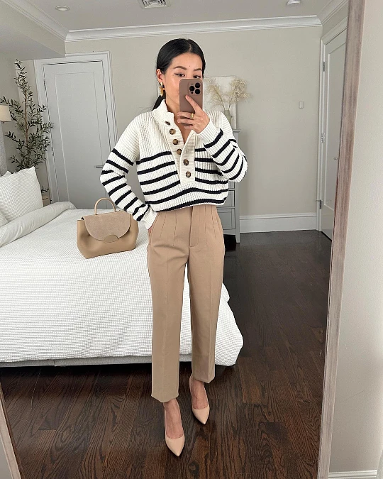 Striped Knit + Tailored Camel Trousers