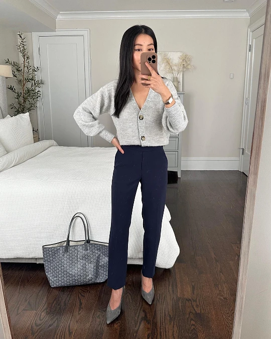 Soft Gray Cardigan and Navy Trousers