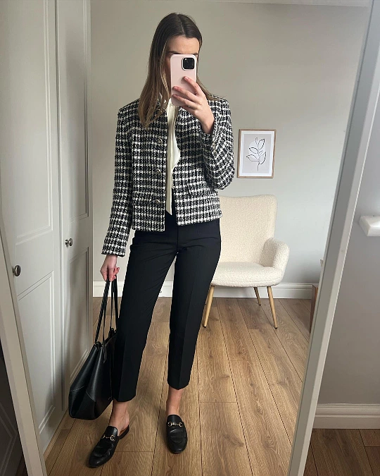 Tweed Jacket + Black Ankle Trousers