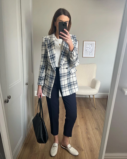 Plaid Blazer and Navy Trousers