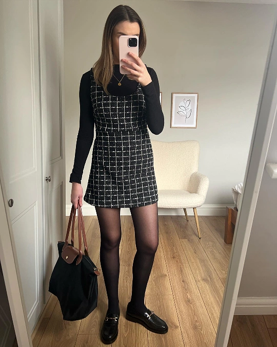 Plaid Pinafore and Black Loafers