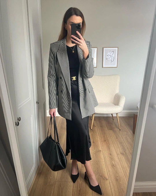 Checked Blazer and Satin Midi Skirt