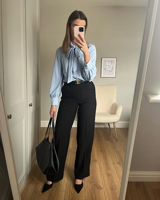 Blue Tie-Neck Blouse and Black Trousers