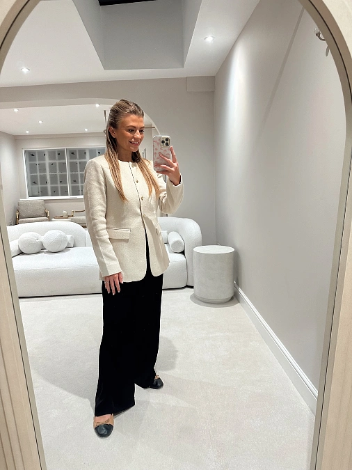 Cream Jacket and Black Wide-Leg Trousers