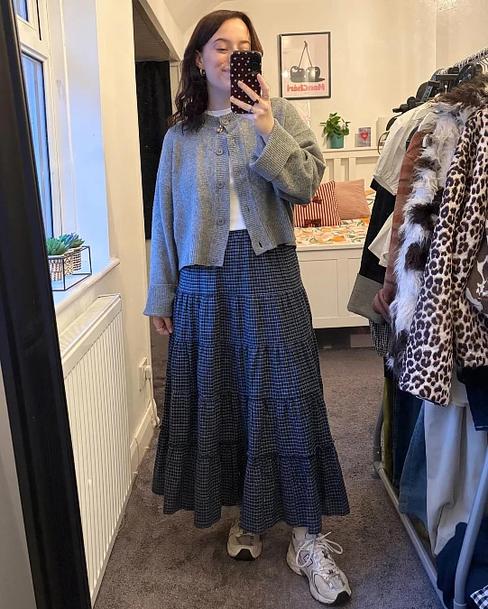 Gray Cardigan and Tiered Plaid Skirt