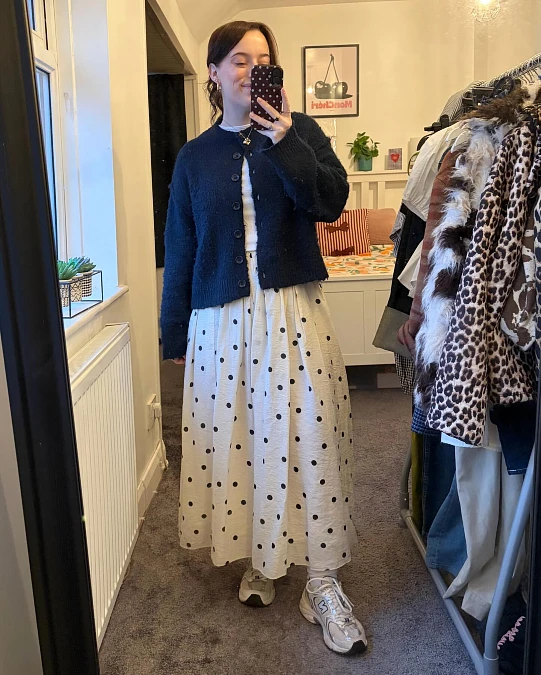 Navy Cardigan and Polka-Dot Skirt