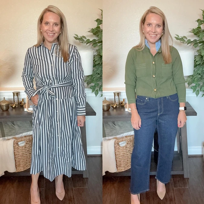 Striped Shirt Dress and Olive Cardigan
