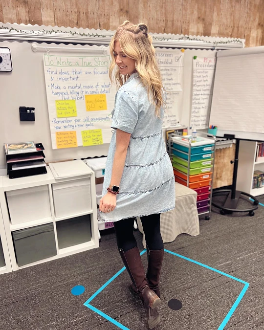 Light Denim Dress and Riding Boots