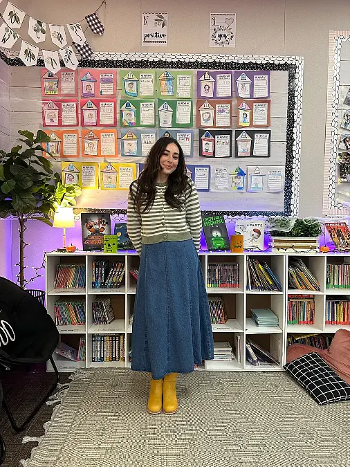 Striped Cardigan and Denim Maxi Skirt