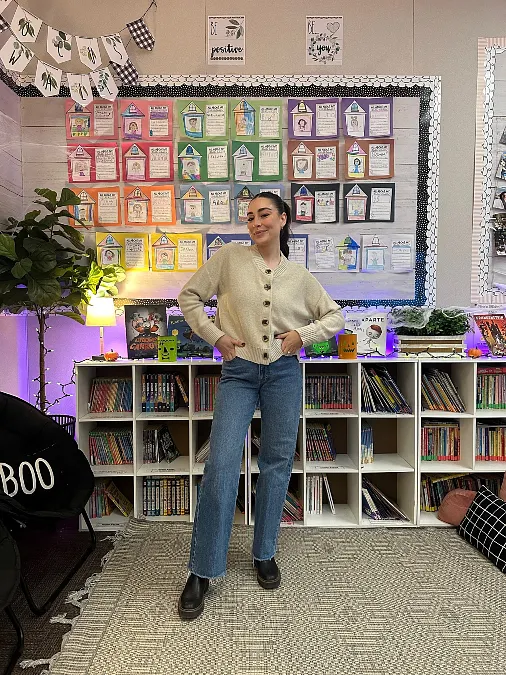 Cream Cardigan and Straight-Leg Jeans