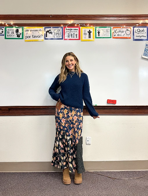 Navy Sweater and Floral Maxi Skirt